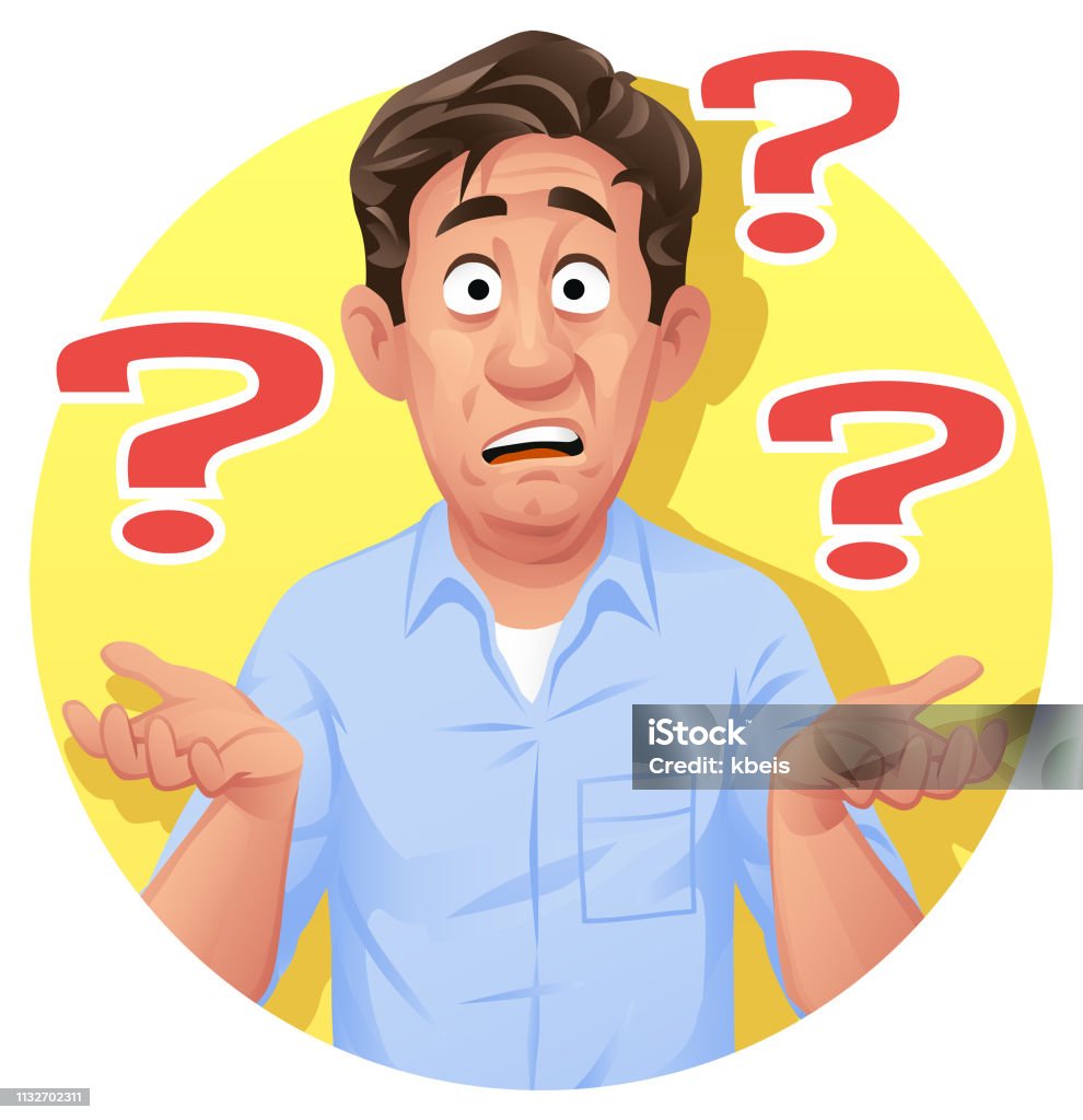 Confused Man Shrugging His Shoulders Vector illustration of a confused young man, looking at the camera, shrugging his shoulders. Concept for confusion, problems, difficult questions, accusation, blaming someone and playing the innocent. Cartoon stock vector