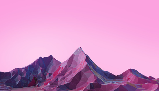 Mountain Landscape Low poly with Colorful Gradient Psychedelic Purple on Background- 3d rendering