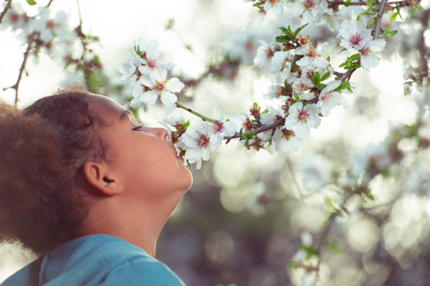 istock Girl smelling almond blossoms. 1132704312