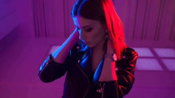 istock Beautiful girl in retro wave on the neon light 1132705028