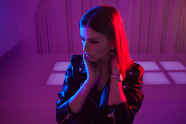 istock Beautiful girl in retro wave on the neon light 1132705030