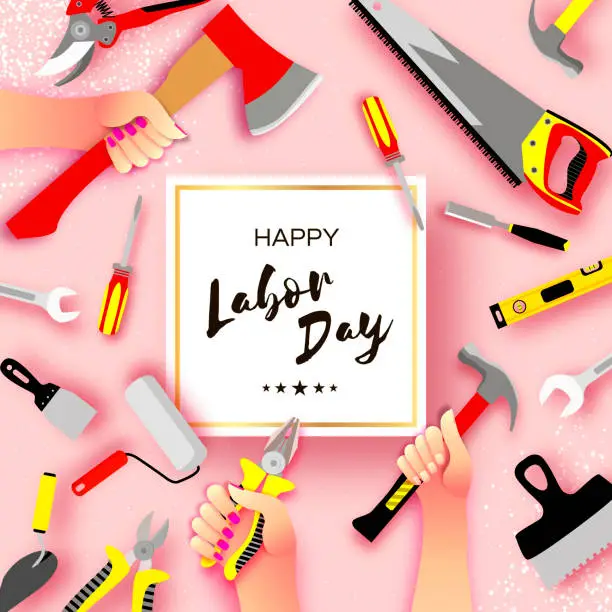 Vector illustration of Happy Labor Day greetings card for national, international holiday. Hands workers holding tools in paper cut styl on sky pink. Square frame. Space for text.