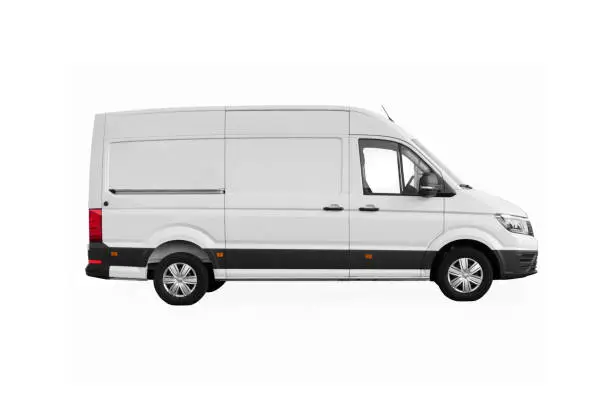 side view of white delivery van with clipping path and copy space on white background