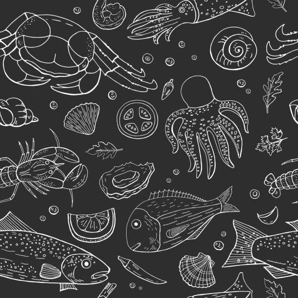 Vintage seamless pattern with different seafood and fish on black background. Vector hand drawn seafood pattern. Vintage seamless pattern with different seafood and fish on black background. fish food stock illustrations