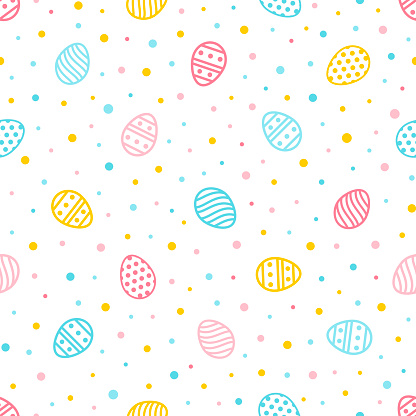Easter seamless pattern. Colorful background with ornate eggs and dots. Endless texture for wallpaper, web page, wrapping paper and etc. Retro style.
