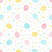 istock Easter seamless pattern. Colorful background with ornate eggs and dots. Endless texture for wallpaper, web page, wrapping paper and etc. Retro style. 1132710835