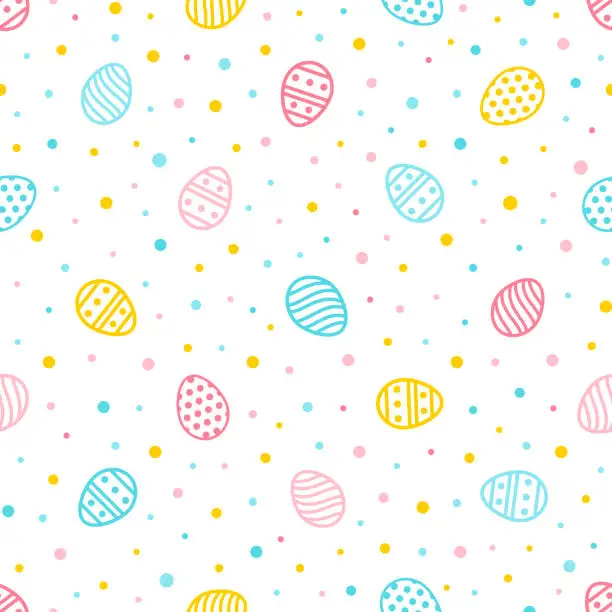 Vector illustration of Easter seamless pattern. Colorful background with ornate eggs and dots. Endless texture for wallpaper, web page, wrapping paper and etc. Retro style.