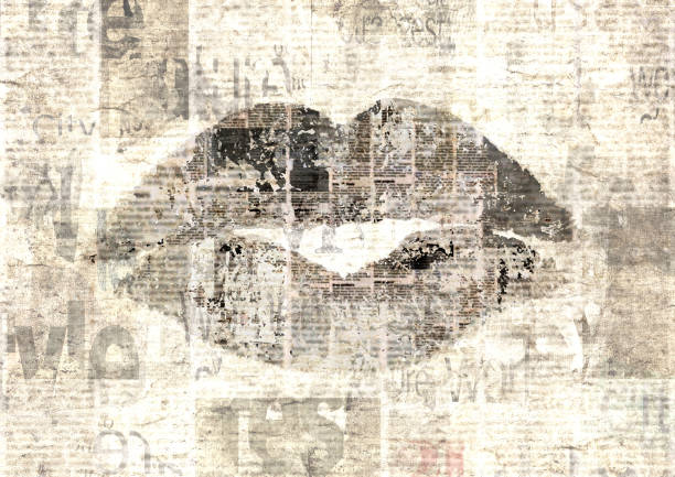 istock Newspaper with old grunge vintage unreadable paper texture background and woman's lipstick kiss. 1132710924