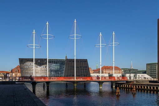 Copenhagen, Denmark - February 27, 2018: The modern Circle Bridge, a pedestrian bridge in the harbour area.