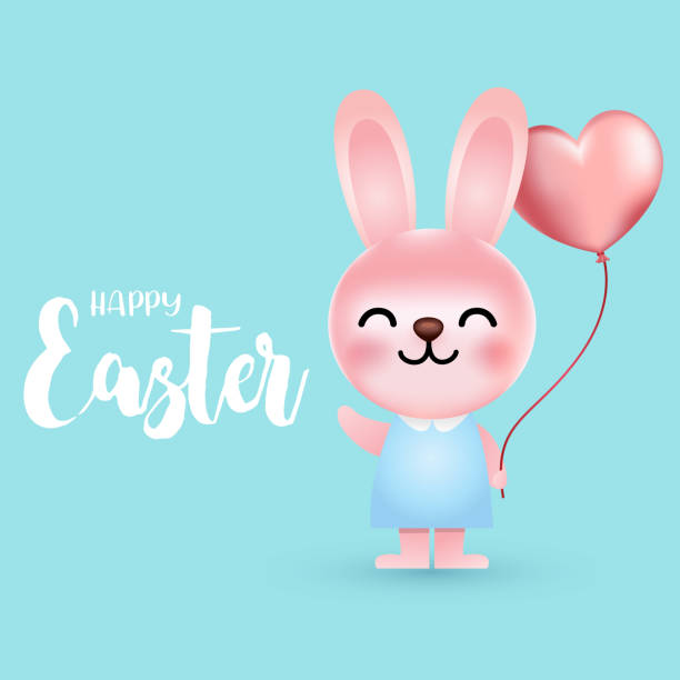 istock Cute cartoon bunny holding pink balloon, Vector Illustration 1132713823