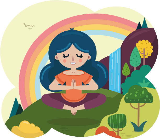 счастливая женщина в позе медитации йоги. - clip art waterfall tree illustration and painting stock illustrations