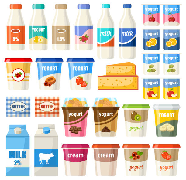ilustraciones, imágenes clip art, dibujos animados e iconos de stock de conjunto de productos lácteos. leche, yogur, queso, crema - butter dairy product yogurt milk