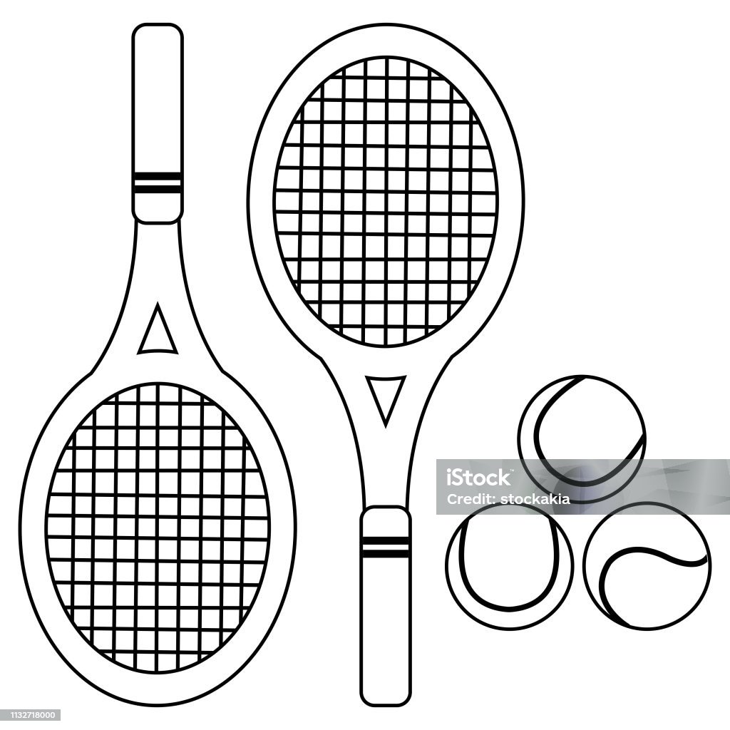 Tennis rackets and balls. Vector black and white coloring book page Vector illustration of a set of rackets and tennis balls. Black and white coloring book page Tennis stock vector