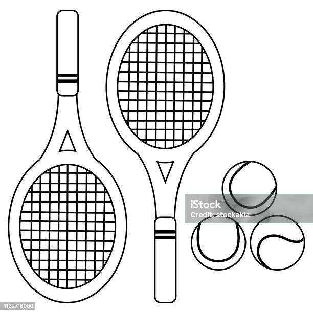 Tennis Rackets And Balls Vector Black And White Coloring Book Page Stock Illustration - Download Image Now