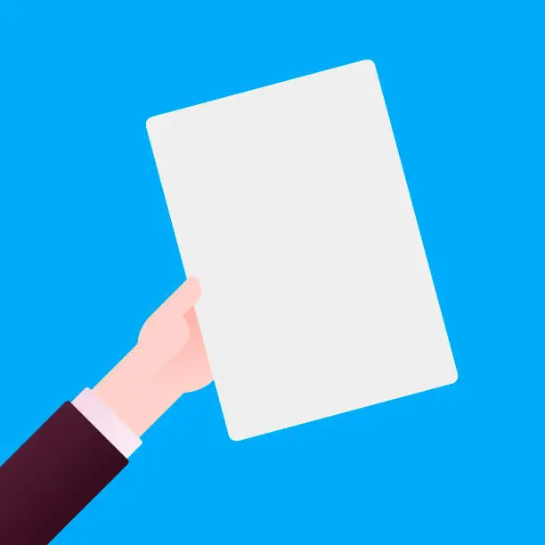 Vector illustration of Hand of businessman holding white sheet of paper. empty list, placard, poste, clipboard for text. Vector illustration on blue background