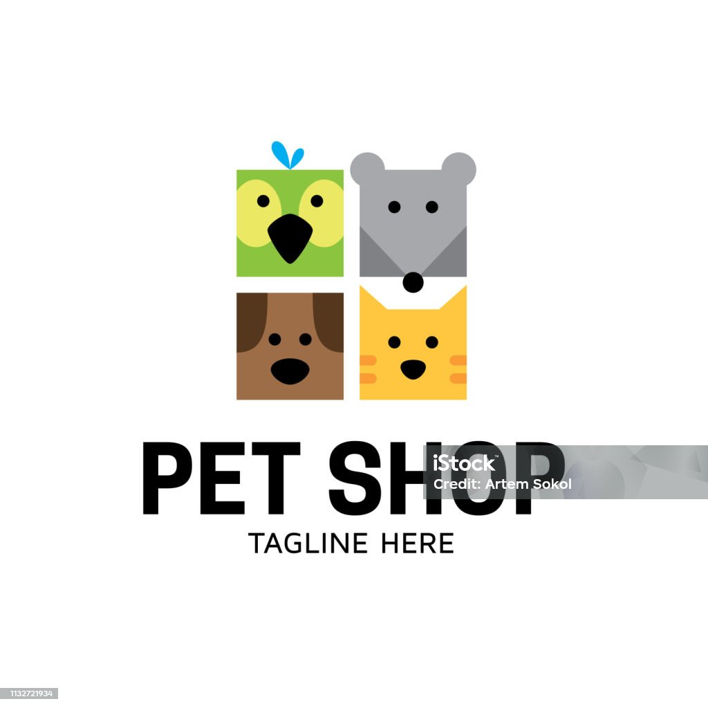 Vector Pet Shop symbol Design Vector Pet Shop symbol design template. Flat illustration background with dog, cat, bird and mouse. Simple animal icon label for store, shelter, veterinary clinic, hospital, business services Logo stock vector