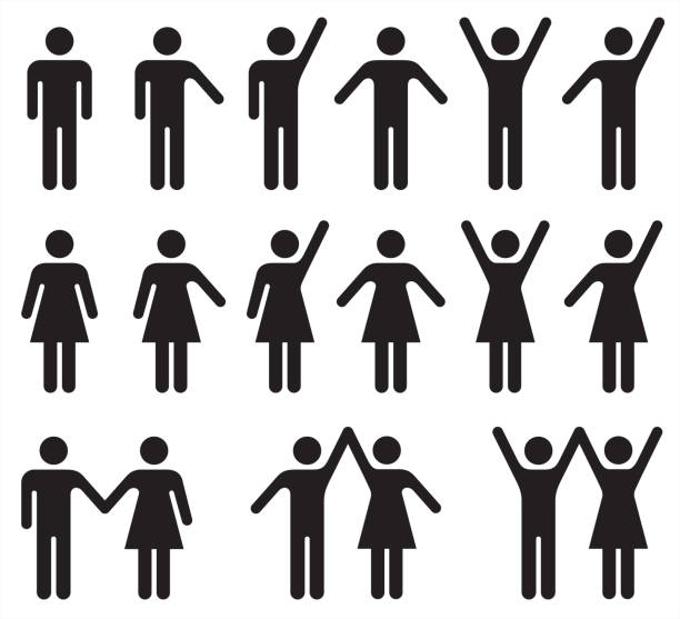 Set of people icons in black and white – man and woman. Vector illustration of stylized people. hand raised stock illustrations
