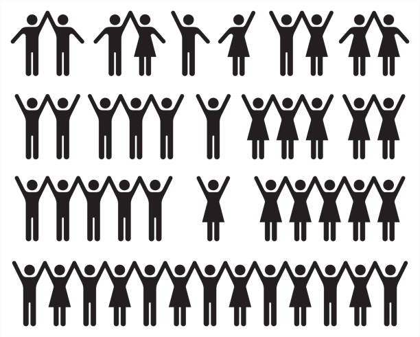 ilustrações, clipart, desenhos animados e ícones de jogo dos ícones dos povos em preto e branco-homem e mulher. - waving success hand raised silhouette