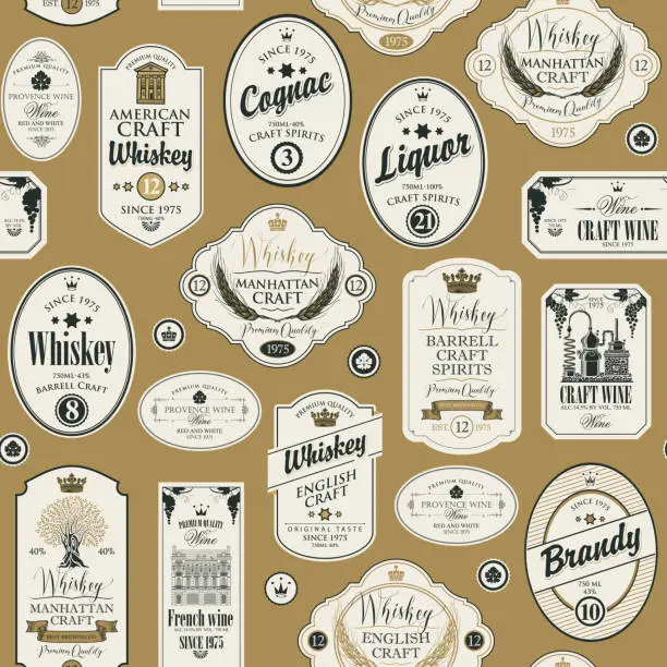 Vector illustration of seamless pattern with labels for alcoholic drinks