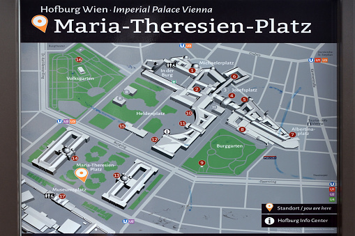 Information board of the square Maria-Theresien-Platz at the Imperial Palace in Vienna - Austria.