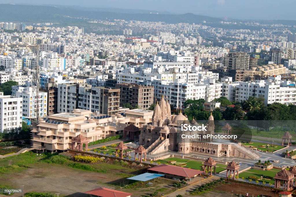 Swaminarayan temple aerial view from the hill, Pune, Maharashtra, India. Swaminarayan temple aerial view from the hill, Pune, Maharashtra, India Pune Stock Photo