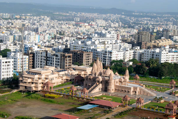 Swaminarayan temple aerial view from the hill, Pune, Maharashtra, India. Swaminarayan temple aerial view from the hill, Pune, Maharashtra, India pune photos stock pictures, royalty-free photos & images