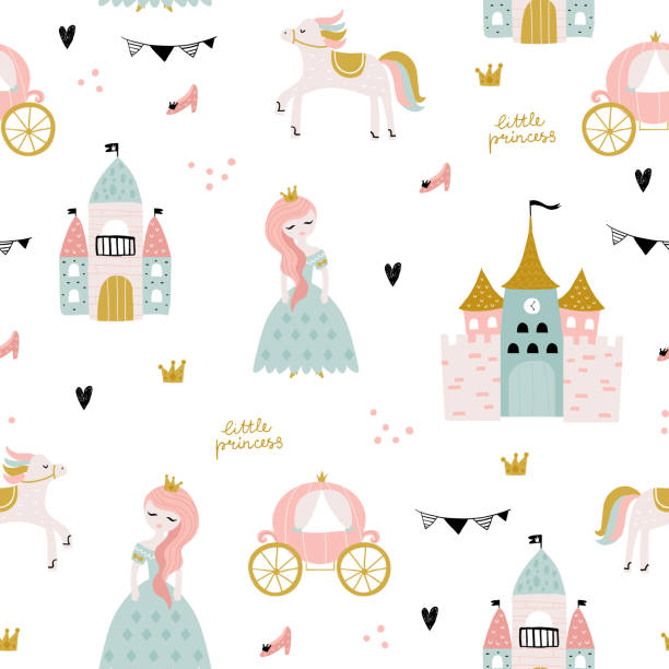 stockillustraties, clipart, cartoons en iconen met kinderachtig naadloos patroon met prinses, kasteel, rijtuig in scandinavische stijl. creatieve vector kinderachtige achtergrond voor stof, textiel - gekke paarden