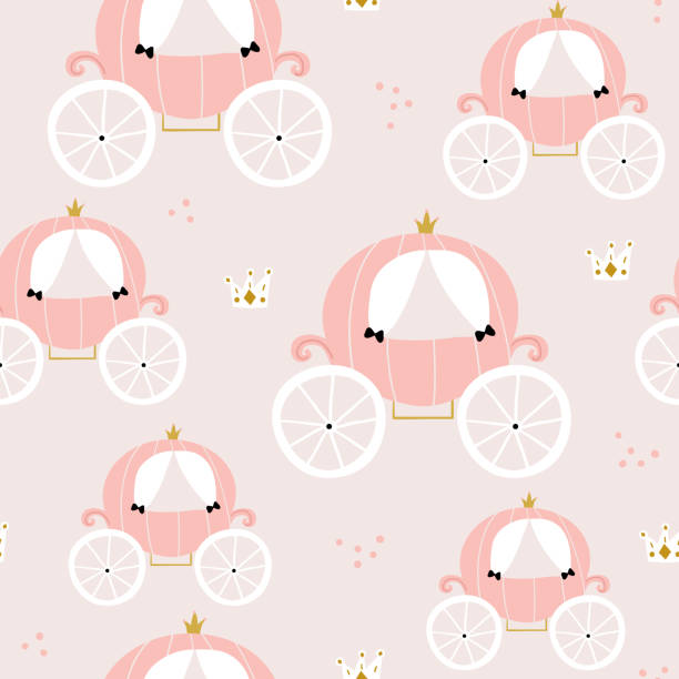 stockillustraties, clipart, cartoons en iconen met kinderachtig naadloos patroon met roze rijtuig in scandinavische stijl. creatieve vector kinderachtige achtergrond voor stof, textiel - gekke paarden