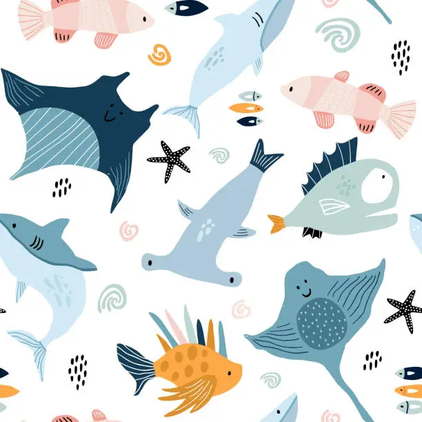 Vector illustration of Seamless pattern with creative and colorful fishes . Creative undersea childish texture. Great for fabric, textile Vector Illustration