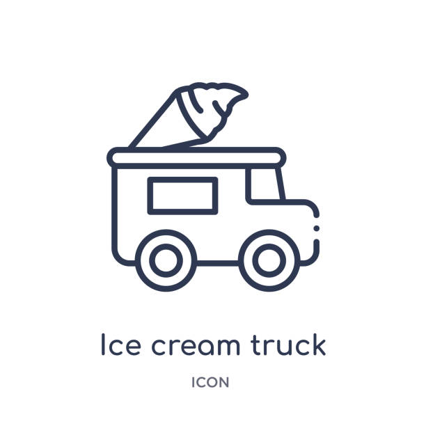 ilustraciones, imágenes clip art, dibujos animados e iconos de stock de icono de camión de helados lineal de colección de contorno de alimentos. delgada línea de helado icono de camión aislado sobre fondo blanco. camión de helados ilustración de moda - quick cookies