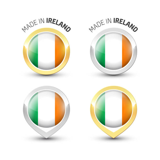 Made in Ireland - Round labels with flags Made in Ireland - Guarantee label with the Irish flag inside round gold and silver icons. irish flags for sale stock illustrations