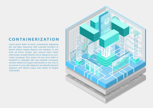 ilustrações de stock, clip art, desenhos animados e ícones de application containerization and modular software development concept with symbol of smartphone and containers as isometric 3d vector illustration. - containerisation