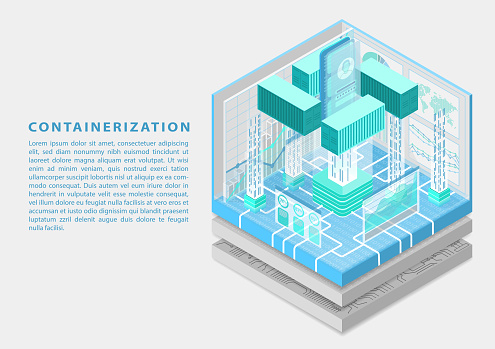 Application containerization and modular software development concept with symbol of smartphone and containers as isometric 3d vector illustration.