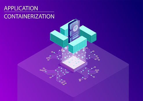 Software and application containerization concept. 3d isometric vector illustration with floating smart phone and containers as symbol for modular web and mobile development