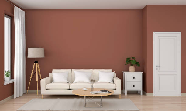 istock Sofa and round table in brown living room, 3D rendering 1132741331