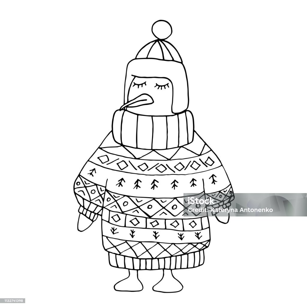 Coloring pinguin without color in winter christmas pullover and cap. Ornamental sweater on a pinguin. Coloring character. Animal Markings stock vector