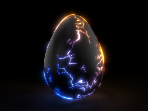 fractured black egg in the dark. suitable for easter, holiday and technology themes. 3d illustration.