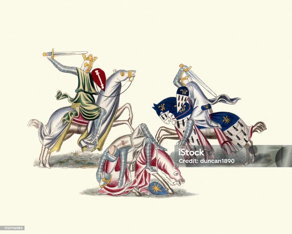 Medieval knights fighting with swords on horseback, mid 13th Century Vintage engraving of Medieval knights fighting from a manuscript mid 13th Century Knight - Person stock illustration