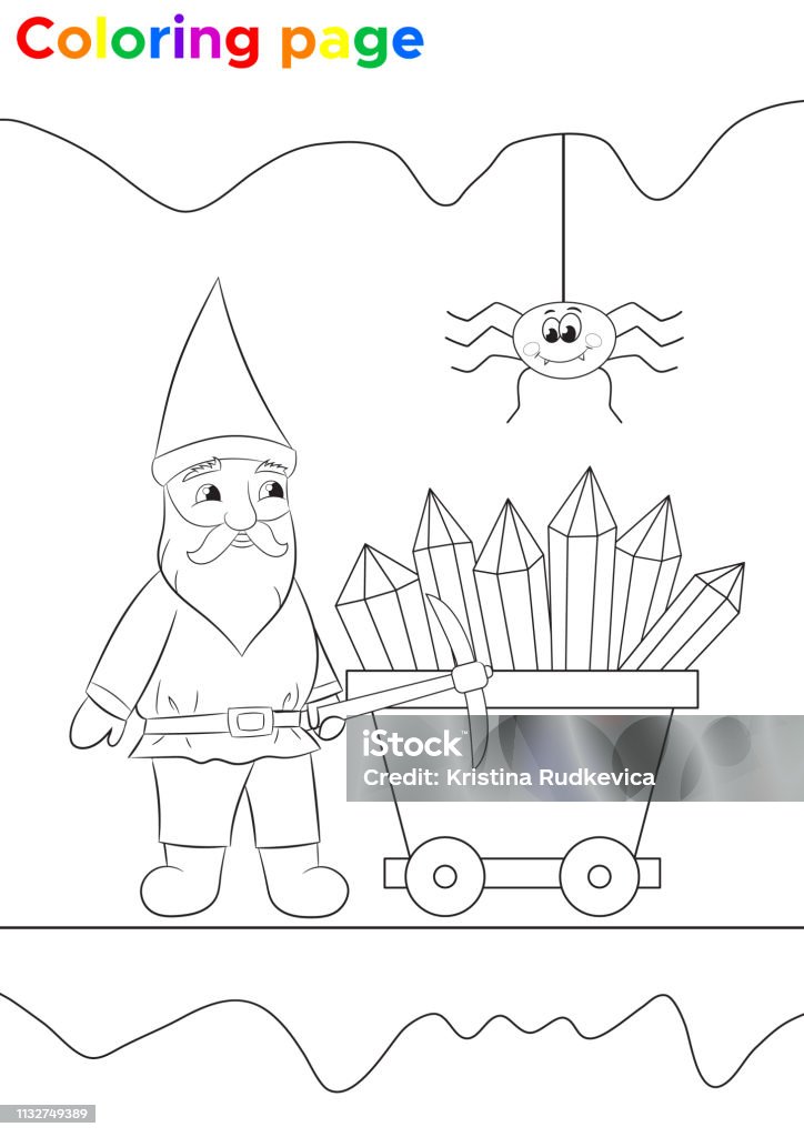 Coloring page for children Cute cartoon dwarf with crystals in the mine. Vector illustration Art stock vector