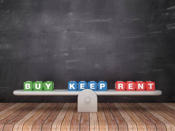 istock Seesaw Scale with BUY KEEP RENT Cubes on Chalkboard Background - 3D Rendering 1132749443