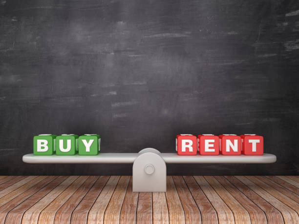 istock Seesaw Scale with BUY RENT Cubes on Chalkboard Background - 3D Rendering 1132749497