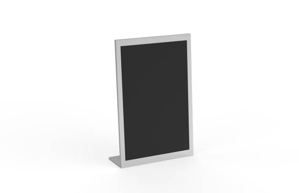 istock Modern Black Acrylic Tabletop, Wet Erase Liquid Chalk Board, Menu Display Write-On Board, Mock Up Template On Isolated White Background, 3D Illustration 1132749889