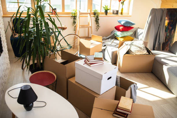 istock Unpacked boxes in a living room 1132750030