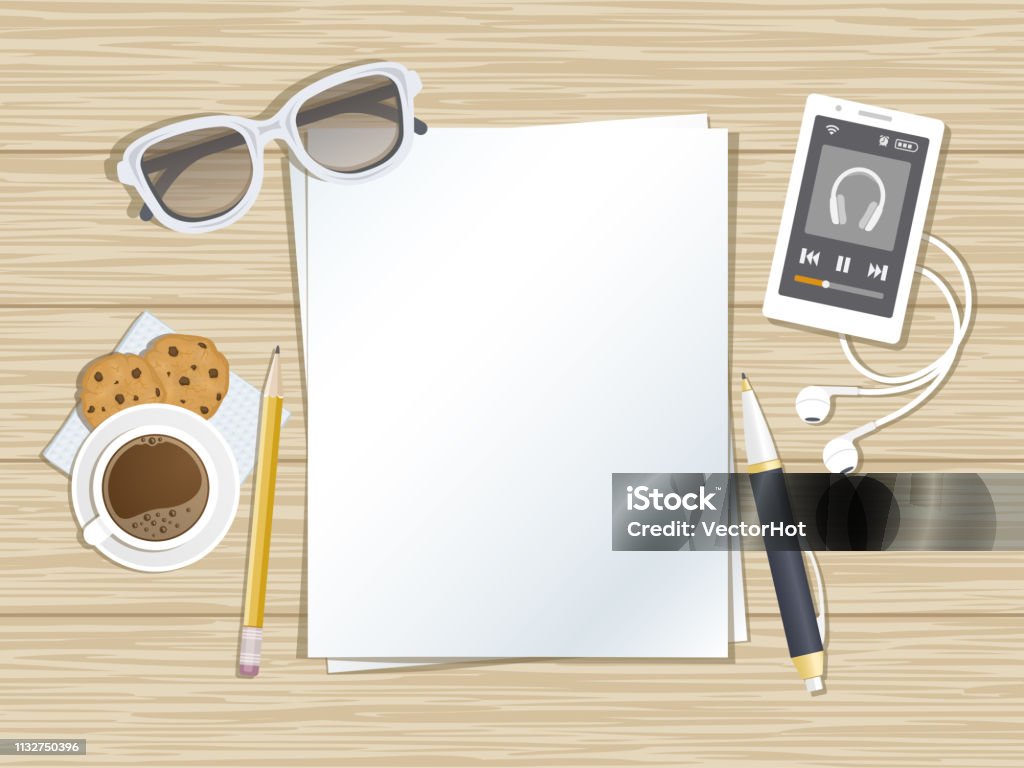 Clean sheets of paper on the wood desktop. Top view of paper, pen, pencil, smartphone running the music player, headphones, coffee, cookies, glasses. Preparation for work, notes, sketches. Desk stock vector