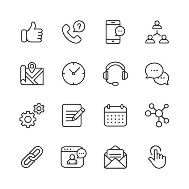 Vector illustration of Contact Us Line Icons. Editable Stroke. Pixel Perfect. For Mobile and Web. Contains such icons as Like Button, Location, Calendar, Messaging, Network.