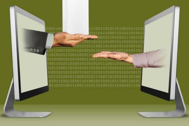 istock web concept, two hands from monitors. hand with white small cell phone box and pleading gesture. 3d illustration 1132752258