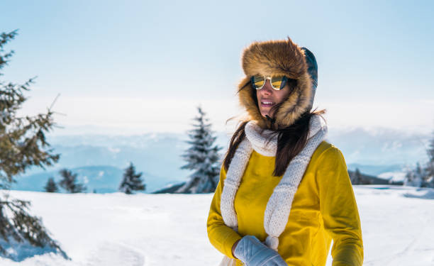 Portrait of woman skier on Sunny day stock photo