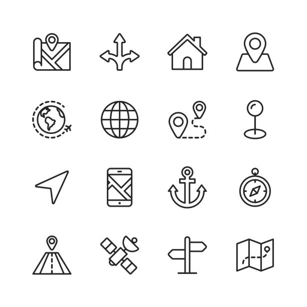 Navigation Line Icons. Editable Stroke. Pixel Perfect. For Mobile and Web. Contains such icons as Direction, Map, GPS, Road, Satellite. 16 Navigation Outline Icons. distance sign stock illustrations