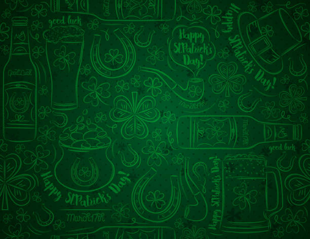 Green Patrick's day background with beer mug, beer bottle, horseshoe, hat, pipe, shamrocks, pot with golden coins, vector illustration. Can be used for wallpaper, web, scrap booking, vector illustration. Green Patricks day background with beer mug, beer bottle, horseshoe, hat, pipe, shamrocks, pot with golden coins, vector illustration. Can be used for wallpaper, web, scrap booking, vector illustration. st. patricks day stock illustrations