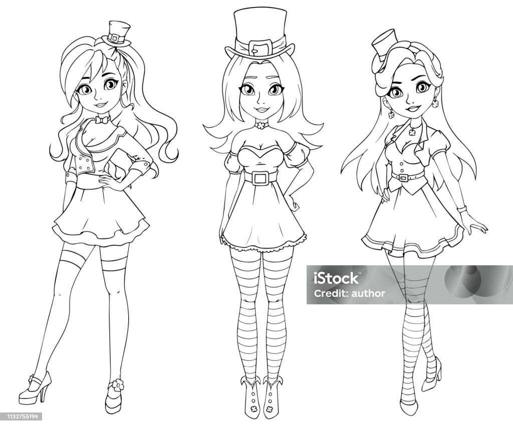 Set of three pretty girls wearing St. Patrick s day costume. Set of three pretty girls wearing St. Patrick s day costume. Hand drawn contour illustration on white background. Can be used for coloring books, cards, games etc. Coloring stock vector